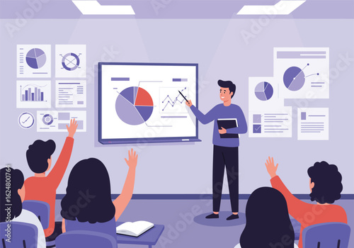 A male presenter explains data charts and graphs to an engaged audience in a modern seminar.