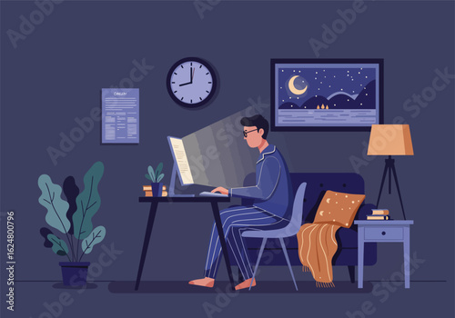 A man in pajamas works on his laptop late at night in a dark, cozy living room.