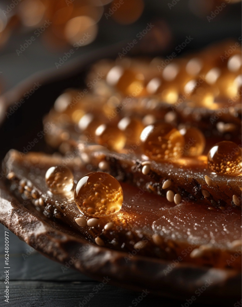 Extreme close-up of glossy soy sauce gel pearls resting on slices of seared tuna with sesame crust. The pearls are in razor-sharp Extreme close-up of glossy soy sauce gel pearls resting on slices of seared tuna with sesame crust. The pearls are in razor-sharp