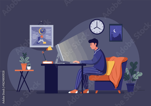 A man in pajamas works on his computer late at night in a dimly lit room at home.