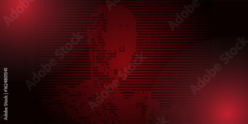 Abstract cyber security. Binary code hacking attack or data breach on red background.