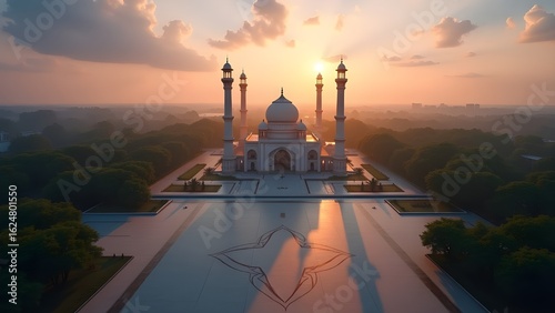 "Sunset Over Religious Place – Spiritual Landscape with Golden Hour Light, Silhouette of Sacred Architecture, Tranquil and Peaceful Scene