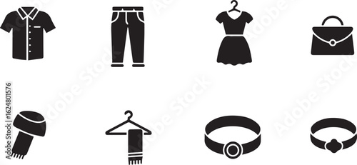 Fashion Icons Displaying Clothing Accessories and Dresses on White Background apparel accessory