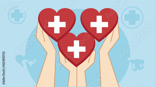 Hands holding three red hearts with white crosses symbolizing health and care