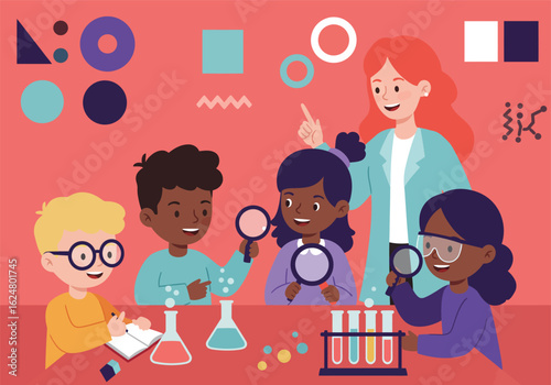 A female teacher guides a group of diverse young students in a science class experiment.