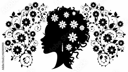 Silhouette of a woman with curly hair adorned with flowers and floral designs on a white background design art | editable eps vectors