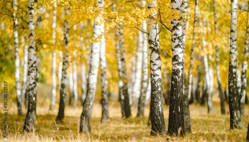 Obraz premium birch forest in autumn inside the planting of yellowed trees