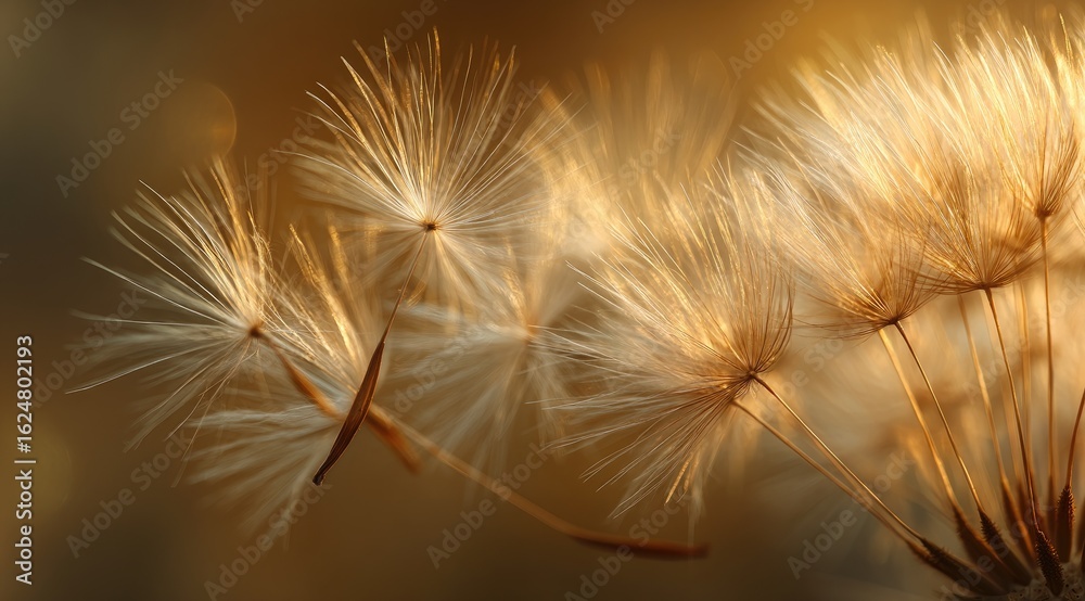 Naklejka premium Close-up of dandelion seeds, golden light