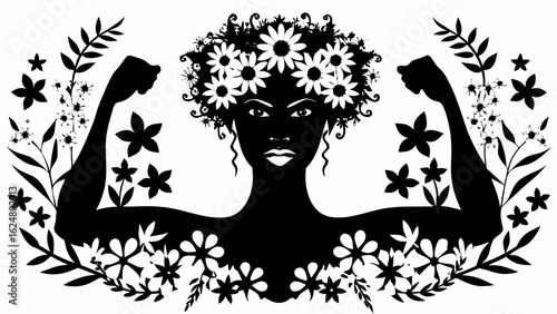 Silhouette of a woman with raised fists surrounded by flowers and leaves in black and white vector art | editable eps vectors
