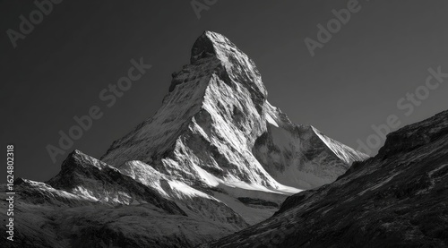 Black and white mountain peak, snow-capped, dramatic light