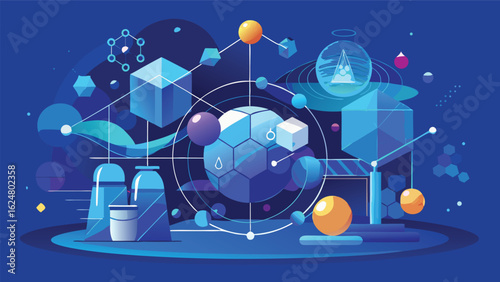 Abstract digital network of geometric shapes and molecules