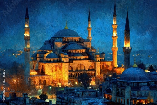 A vibrant, stylized nocturne of a grand mosque at twilight.  Golden hues highlight the domes and minarets against a deep blue night sky. City lights softly illuminate the surrounding buildings