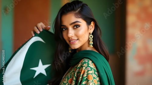 Pakistani Woman Holding National Flag on 14 August – Independence Day Celebration, Traditional Dress, Patriotic Portrait