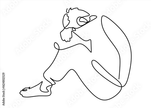 Embrace of Loneliness.  Single Continuous line drawing of Depressed teenager Sad young boy. Bad mood, Unhappy , sorrow, melancholy, negative emotions concept. Worried people concept