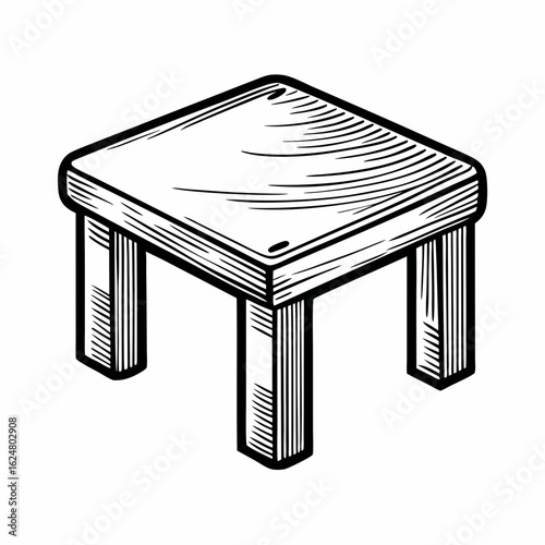 Monochrome sketch of a four-legged wooden stool with square seat, representing furniture, simplicity, and rustic home decor
