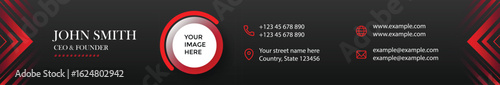 Stylish dark business contact card with red accents, name, and job title