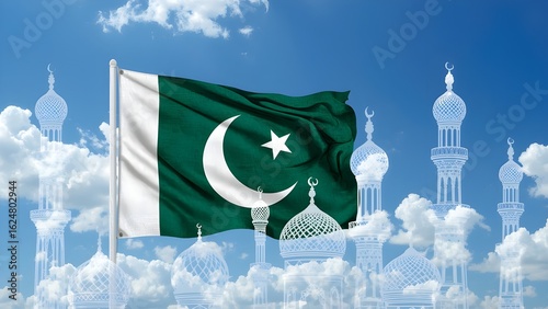 14 August Pakistan Flag with Abstract Religious Architecture – Crescent and Star Blended in Islamic Mosques and Spiritual Backgrounds