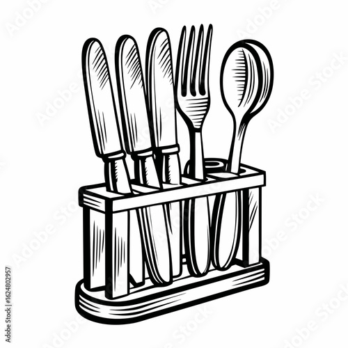 Set of forks, knives, and spoons arranged in a kitchen stand, drawn in monochrome line art, representing organization, dining tools, and table service
