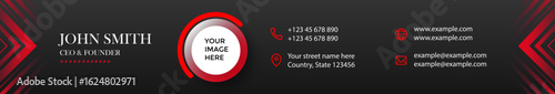 Stylish dark business contact card with red accents, name, and job title