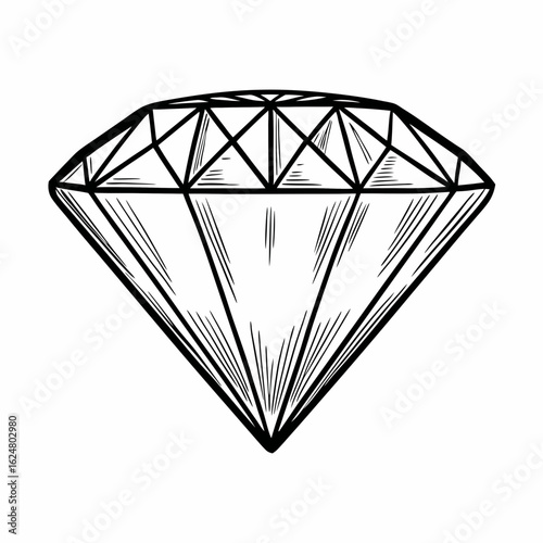Detailed sketch of a cut diamond with visible facets and pointed lower section, representing luxury, clarity, and gemstone brilliance
