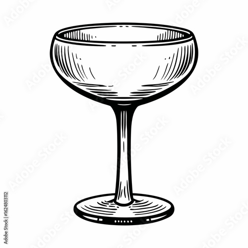 Classic champagne coupe with shallow bowl and short stem illustrated in monochrome line style, representing celebration, elegance, and vintage drinkware
