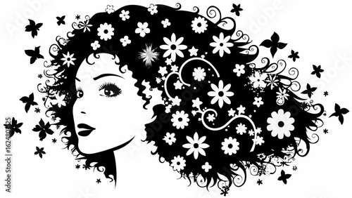 Silhouette of a woman with floral and butterfly hair design in black and white artistic illustration | editable eps vectors