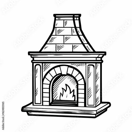 Monochrome line illustration of a classic fireplace with ornate mantel and burning logs, representing warmth, tradition, and cozy home interior
