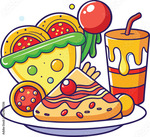 Vector illustration of fast food icons including pizza, hamburger, hotdog, and sandwich meals with drinks