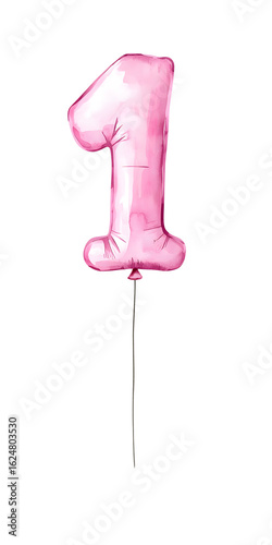 Watercolor balloon number 1. Pink balloon in shape of digit one isolated on white background.