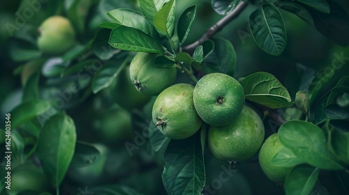 A photo of a guava tree with green guavas.