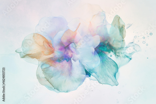 Translucent flower petals melting into watercolor splash, floating in air, pastel background