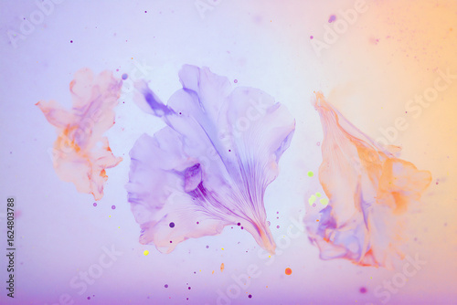 Translucent flower petals melting into watercolor splash, floating in air, pastel background
