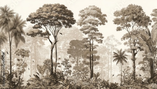 Detailed sepia-toned illustration of a tropical forest scene.