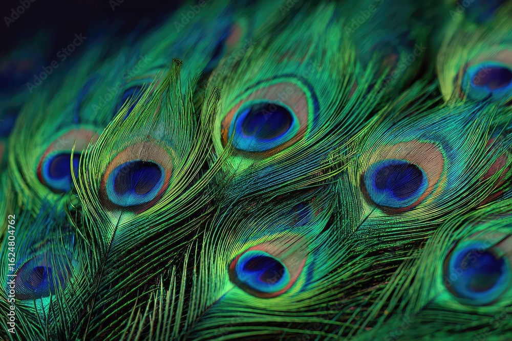 Fototapeta premium Close-up of vibrant peacock feathers. A close-up view of many peacock feathers. Intricate patterns and colors in emerald green, turquoise, and blue. Eye-like spots highlight the texture and beauty