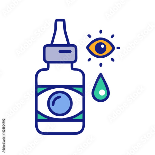 Flat style icon of an eye drops bottle with liquid drop and eye symbol, representing eye care, dryness relief, and medical treatment
