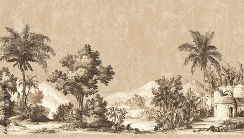 Vintage sepia landscape drawing of tropical foliage and buildings.