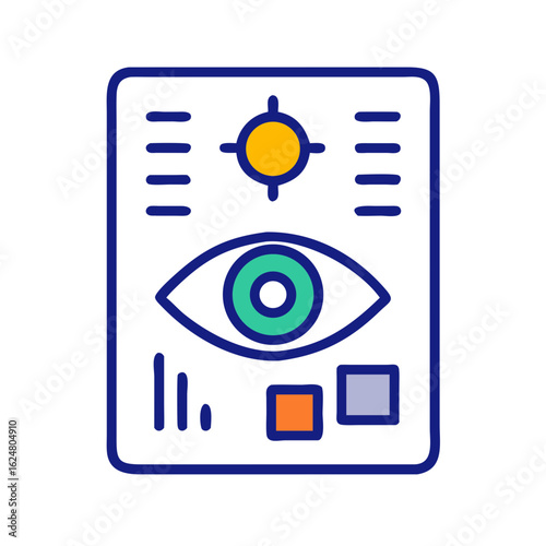 Flat style icon of an eye recognition poster or digital vision display with weather and interface elements, symbolizing visual analysis, biometric scanning, and smart interfaces
