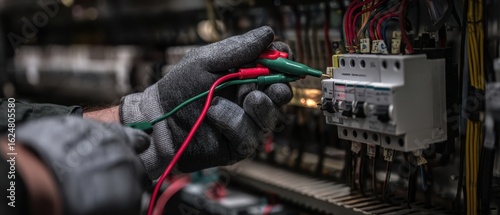 The technician testing electrical circuits with a multimeter in a control panel.