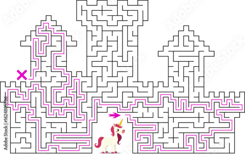 Help the unicorn to get out from huge castle. Difficult escape type labyrinth. Black and white fortress maze with high level of difficulty. Logic game for kids and parents