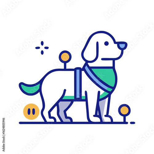 Guide dog wearing harness on plain background, symbolizing assistance animal training, mobility aid, and disability support
