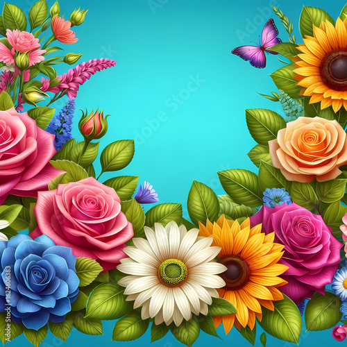 Beautiful floral pattern with beautiful, delicate flowers and foliage in watercolor style. Blue, pink, yellow, green shades. Pattern on a blue background for textiles, backgrounds, postcards