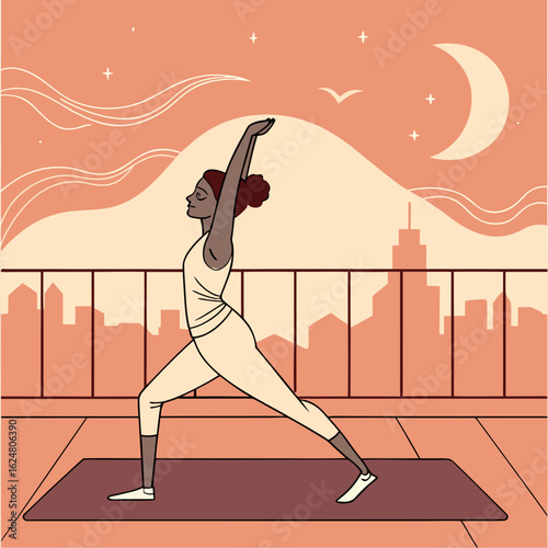 A woman in yoga pose on rooftop mat
