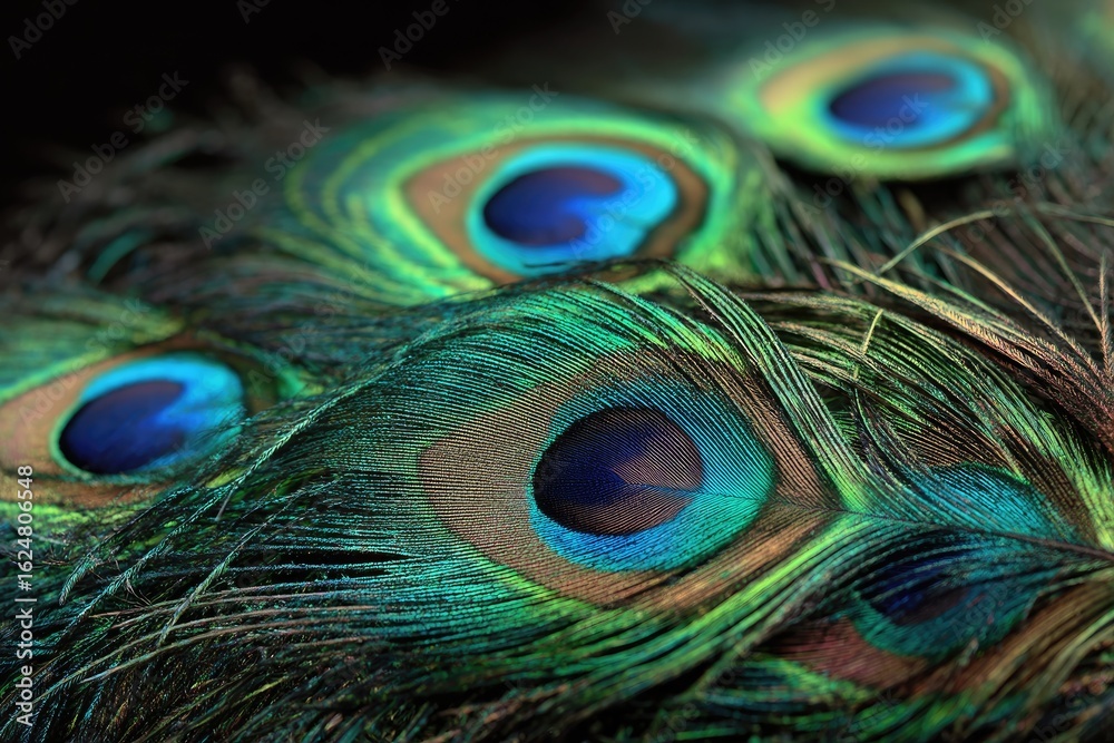 Fototapeta premium Close-up of vibrant peacock feathers, showcasing intricate patterns and colors