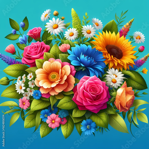 Beautiful floral pattern with beautiful, delicate flowers and foliage in watercolor style. Blue, pink, yellow, green shades. Pattern on a blue background for textiles, backgrounds, postcards