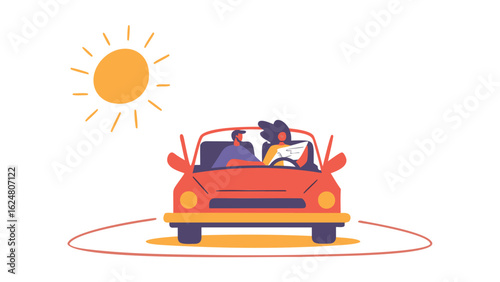 Couple driving in a red car on a sunny day with a map for navigation and enjoying a road trip together