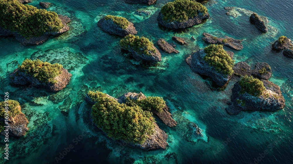 Fototapeta premium Aerial view of numerous small, verdant islands scattered across a vibrant turquoise and teal ocean, showcasing shallow, clear waters and diverse marine life hinted at below the surface