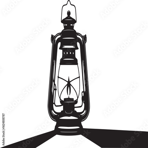 A black and white illustration of an antique kerosene lantern casting a long dark shadow below it