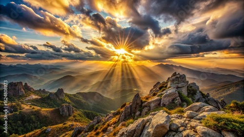Orange sunset light paints a vibrant sky over beautiful mountains and desert landscapes