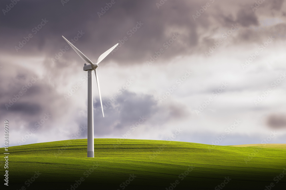 Obraz premium Wind turbine slowly rotating on a green hill, dramatic sky in background, clean landscape with minimal visual noise