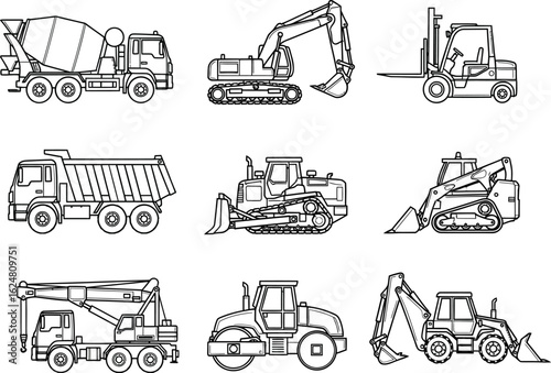 Collection of nine hand drawn black and white illustrations of various construction vehicles and heavy machinery in a grid layout